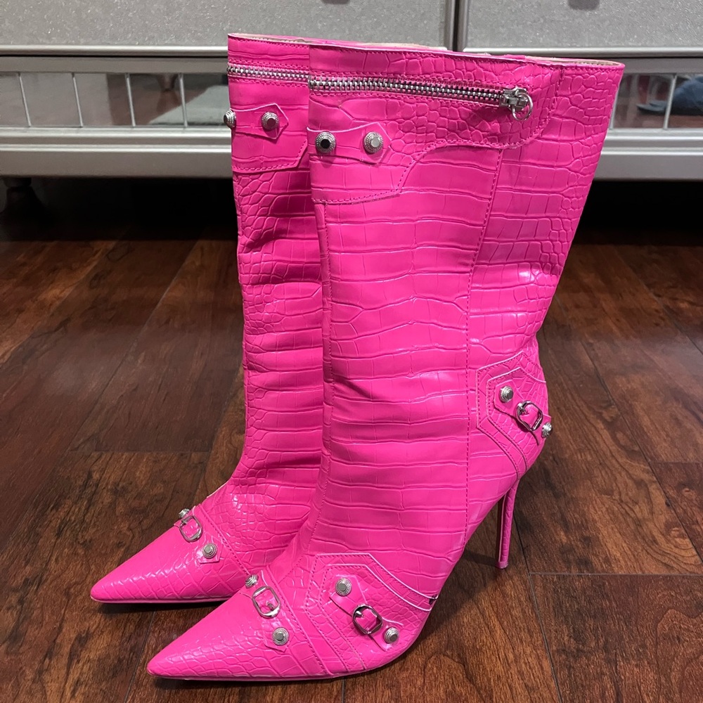Pink Croc Pointed Toe Zip Detail Ankle Boots